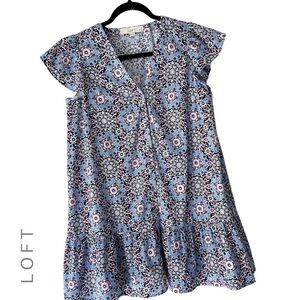 LOFT | NWOT MEDALLION PRINT RUFFLE FLOUNCE BUTTON FRONT COTTON DRESS | XSP